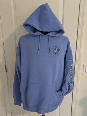 Light Blue Graphic Pullover Hoodie with Octopus Design On Sleeve and Back